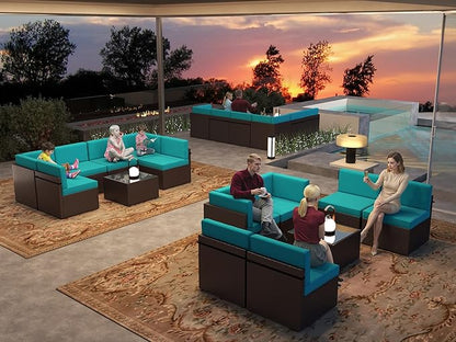 Kinsuite 7Pcs Patio Conversation Set - Wicker Backyard Furniture Outdoor Furniture with Cushions, All-Weather Couch Set with Coffee Table for Garden, Lawn, Deck, Turquoise