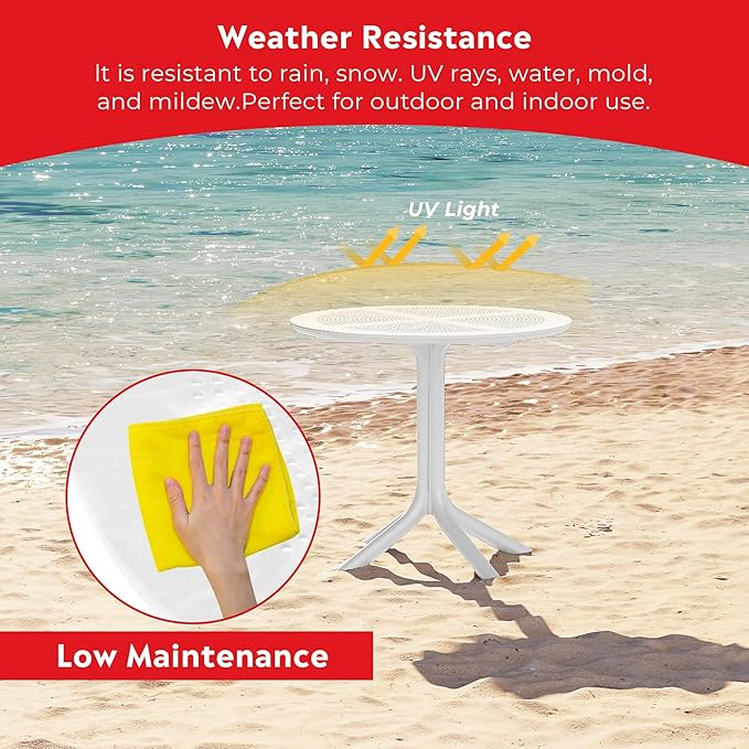 Costaelm 4 Person Dining Table Set, HDPE Patio Round Dining Table and Stackable Chair, Kitchen & Dining Room Sets All Weather for Backyard Porch Poolside, White