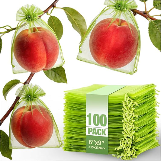 100 Pcs Drawstring Fruit Protection Bags, 6×9 Inch Green Mesh Fruit Net Covers, Anti-Bird Anti-Insect Garden Protective Bags for Fruit Tree, Tomato, Strawberry, Apple, Cherry, Grapes and Vegetables