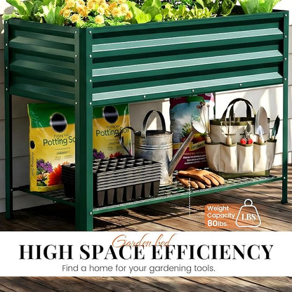 KING BIRD Large Raised Garden Bed with Legs & Storage Shelf Galvanized Elevated Planter Box for Backyard, Patio, Balcony, 400lb Capacity, Green 48×24×31.5 in