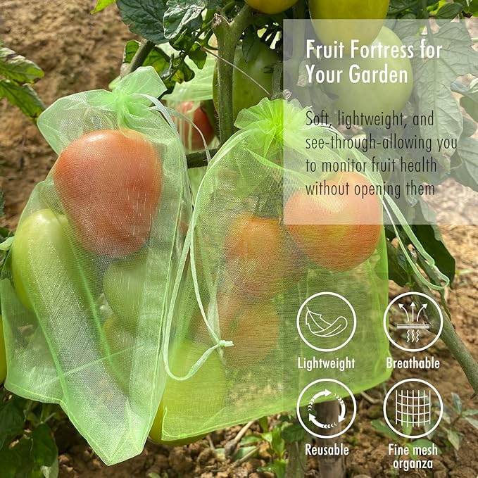 Fruit Protection Bags, Fetanten 40 PCS 8 x 12 Inch Mesh Drawstring Bag for Fruit Trees, Small Green Garden Fruit Plant Netting Cover Bag Protect Tomato Apple Mango Grape from Bird Insect Pest