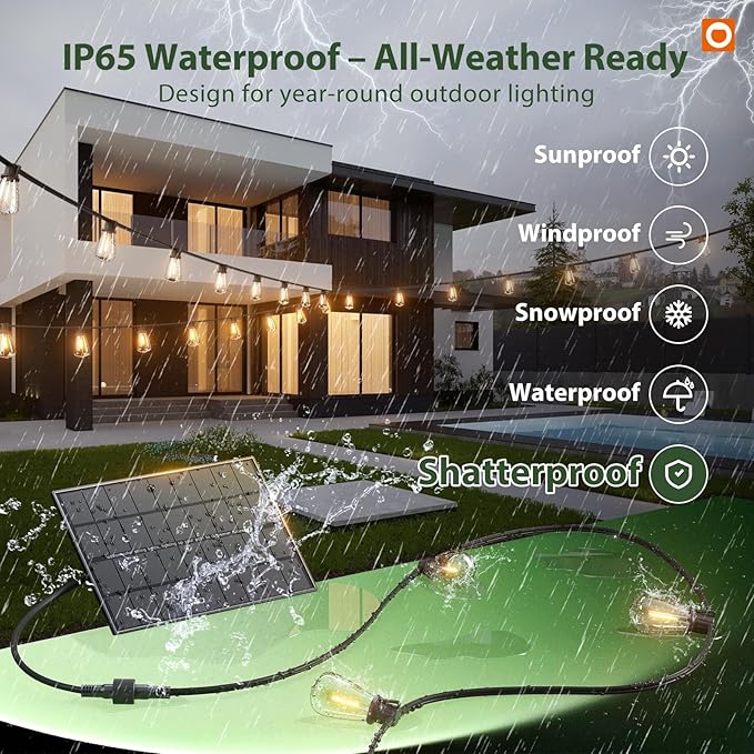 addlon 198FT(192+6) Solar String Lights Outdoor Waterproof - 60+4 LED Shatterproof Bulbs, 3 Modes, 8H Timeable, Dimmable, Outdoor Lights Solar Powered Patio Lights with Remote for Outside Porch Garden