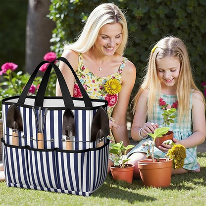 Classic Garden Tool Bag - Waterproof Blue Checkered Garden Tote with 8 Pockets, Large Storage Home Organizer Gardening Tool Oxford Bag for Garden Tools Kits Holder, Gardening Gift for Women & Men