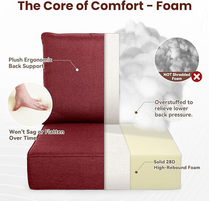 Outdoor Chair Cushions, 6 Inch Thick Patio Seat & Back Cushions Set with Removable Cover, Waterproof Patio Cushions for Outdoor Furniture, 22 x 24 Inch, Red 6-Set