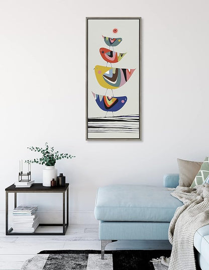 Kate and Laurel Sylvie The Family Tree Mid-Century Modern Framed Canvas Wall Art by Rachel Lee of My Dream Wall, 18x40 Gray, Adorable Bird Art for Wall