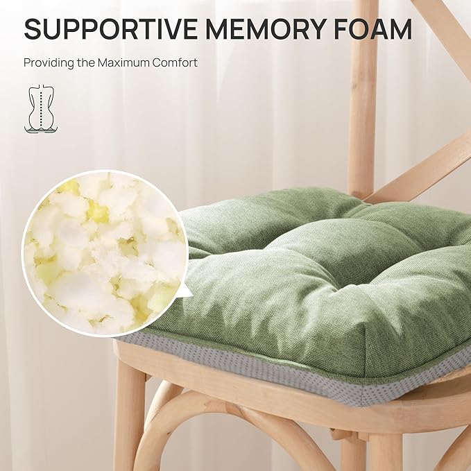 Love's cabin Memory Foam Chair Cushions Set of 4, 19"x19"x3.5" Indoor & Outdoor Seat Pads for Dining, Kitchen, Office, Patio Chairs - Green