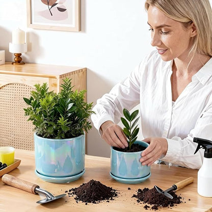 EFISPSS Ceramic Planter 4+5+6 Inch Ceramic Flower pots for Indoor Plants with Drainage,for Succulent Cactus,Garden Planters,Modern Decorative for Home Blue Pearl Glaze Plant Pots