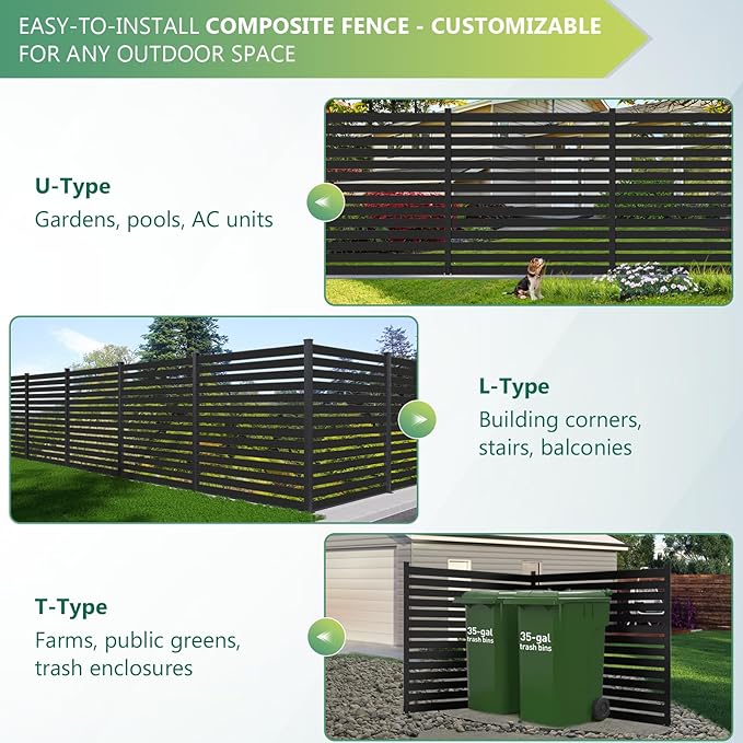 Mondaria Aluminum Privacy Fence Panels for Outside, 6ft(W) x 6ft(H) Horizontal Lattice Fence with 2 No-dig Posts, Wind Resistant Decorative Fencing Panels for Yard, Patio & Pool (Black)