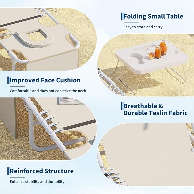 Garvee Tanning Chair with Face Hole, 3-in-1 Outside Beach Lounge Chair with Folding Table, 5 Reclining Positions and Removable Pillow, for Beach, Pool, Patio, Garden -Max 330lbs (Beige)