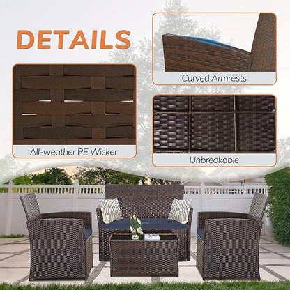 4 Piece Patio Furniture Set, Outdoor Wicker Conversation Set, Rattan Sectional Sofa Couch with Glass Coffee Table & Thick Cushion for Backyard, Porch, Garden, Poolside, Brown/Blue