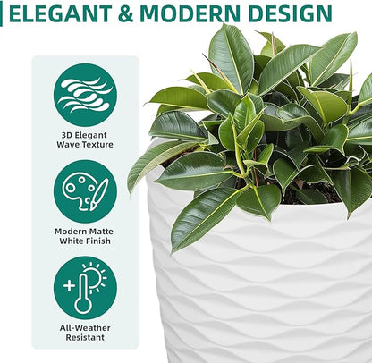 19" Resin Tall Outdoor Planters,Set of 2 Matte White Round Large Flower Plant Pot,Handmade Glossy Finish & Wave Texture, Weather-Resistant for Garden,Patio or Indoor, Porch Christmas Decor