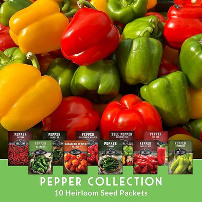 10 Pepper Seed Packs for Planting | Jalapeño, Serrano, Cayenne, Bell, Habanero, Cubanelle, & More – Hot & Sweet Heirloom Non-GMO Peppers Collection – Survival Garden Seeds