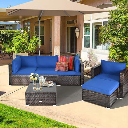 HAPPYGRILL 6-Pieces Patio Conversation Set Outdoor Rattan Wicker Furniture Set, Sectional Sofa Set with Glass Coffee Table Top, Ottoman, Cushions for Backyard Couch Garden Poolside Balcony