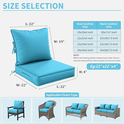 Premium Outdoor Seat Cushion Chair Cushions for Patio Furniture 22 L X 22 W X 4 H Waterproof & Fade Resistant Deep Seat and Backrest Cushion Set with Removable Covers for Chair, Sofa