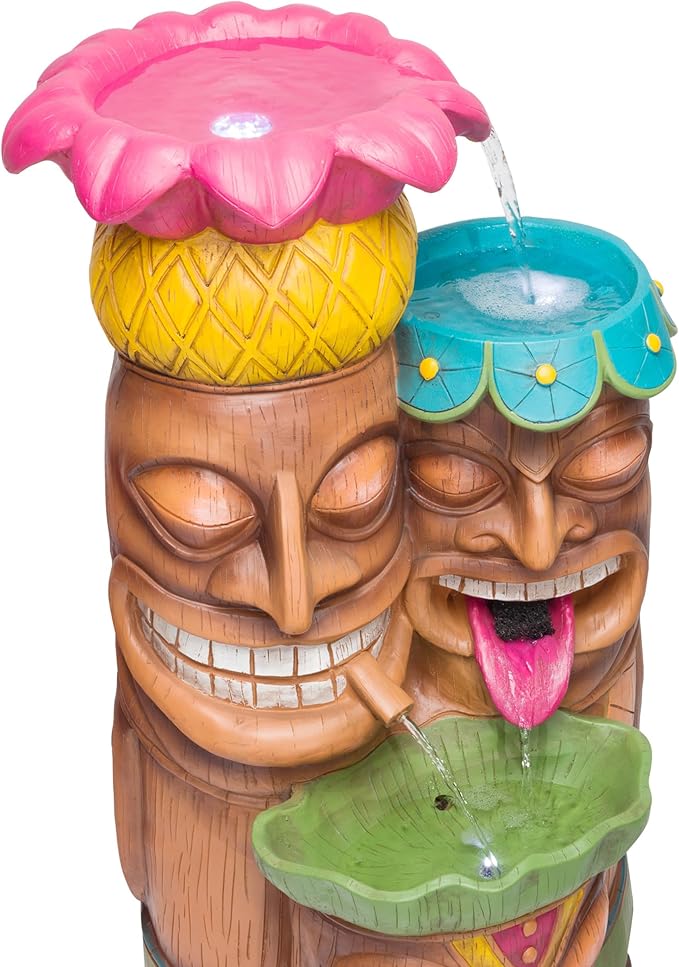 Alpine Corporation - 3-Tiered Colorful Tiki Head Water Fountain, Indoor/Outdoor Tropical Waterfall with LED Lights, for Garden, Patio, Yard, 35" H