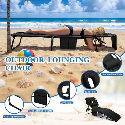 3-in-1 Sun Tanning Chair with Face Holes, Folding Chaise Lounge Chairs, 5-Position Adjustable Lounge Chair Outdoor with 2 Side Pocket & Pillow, for Pool Beach, Patio, Camping, Black