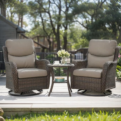 HUMMUH Wicker Patio Furniture High Back Swivel Rocker Patio Chairs Outdoor Bistro Set with Ottomans Side Table for Porch Garden Deck