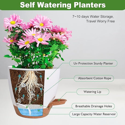 Flower Pots, 8/7/6.5/6/5.5/5 Inch Self Watering Planters for Indoor Outdoor Plants with Drainage Hole, Plastic Planters for House Plants(White)