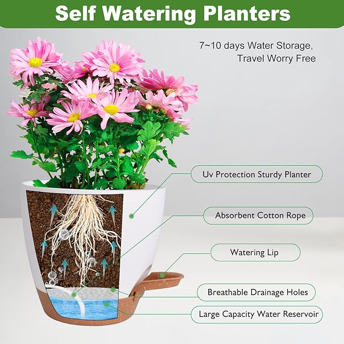 Plant Pots for Indoor Plants 5 Pack Self Watering Planters, 7/6.5/6/5.5/5 Inch Self Watering Pots with Drainage Hole Plastic Flower Pot for Herbs, Succulents, African Violet (White)