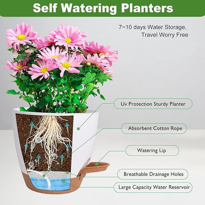 Plant Pots for Indoor Plants 5 Pack Self Watering Planters, 7/6.5/6/5.5/5 Inch Self Watering Pots with Drainage Hole Plastic Flower Pot for Herbs, Succulents, African Violet (White)