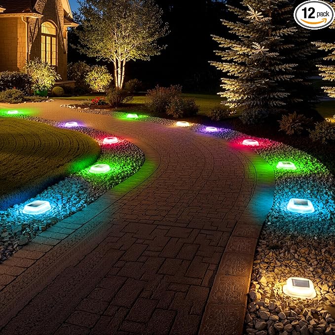 AGPTEK RGB Solar Deck Lights with Remote Control 12 Pack, One-Click Sync Group Control & 10 Light Modes & RGB Chasing, Outdoor Decorative Driveway Marker for Pathway, Dock, Step, Walkway, Yard, Garden