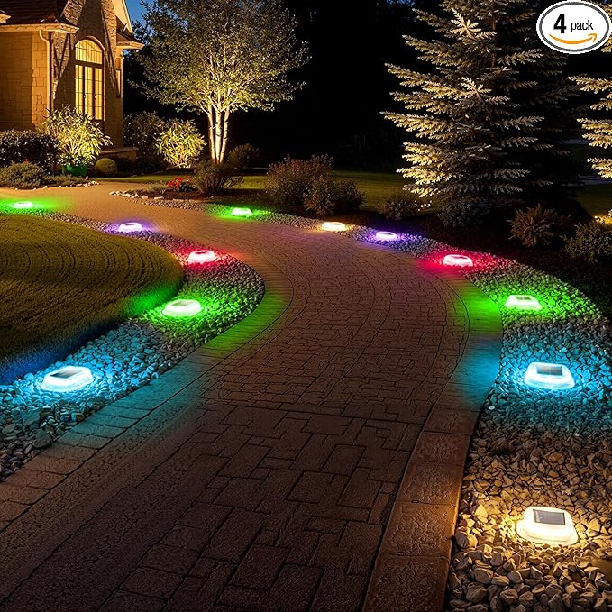 AGPTEK RGB Solar Deck Lights with Remote Control 4 Pack, One-Click Sync Group Control & 10 Light Modes & RGB Chasing, Outdoor Decorative Driveway Marker for Pathway, Dock, Step, Walkway, Yard, Garden