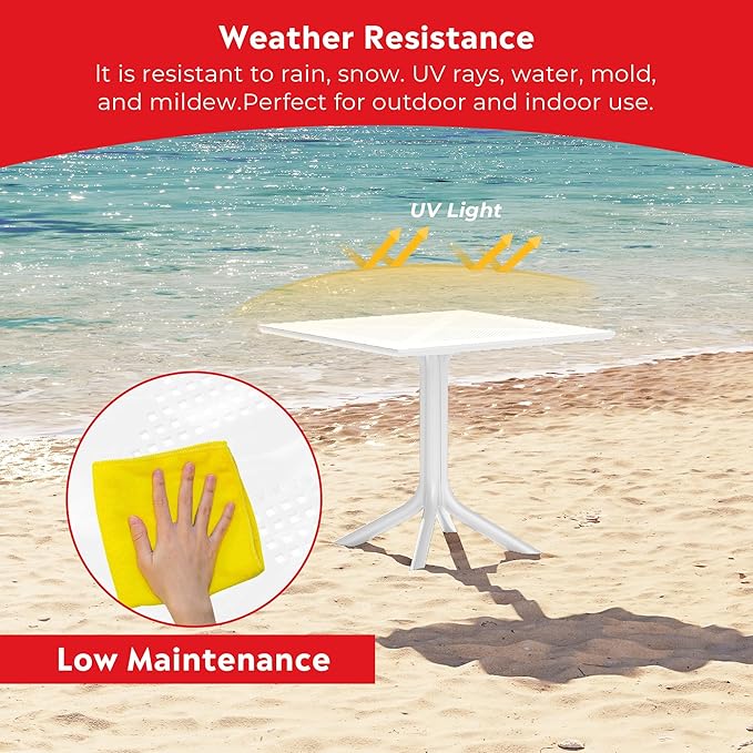 Costaelm Dining Room Chairs Set of 4, HDPE Patio Square Coffee Table and Stackable Chairs, Outdoor Deck Furnitures All Weather for Backyard Poolside, White
