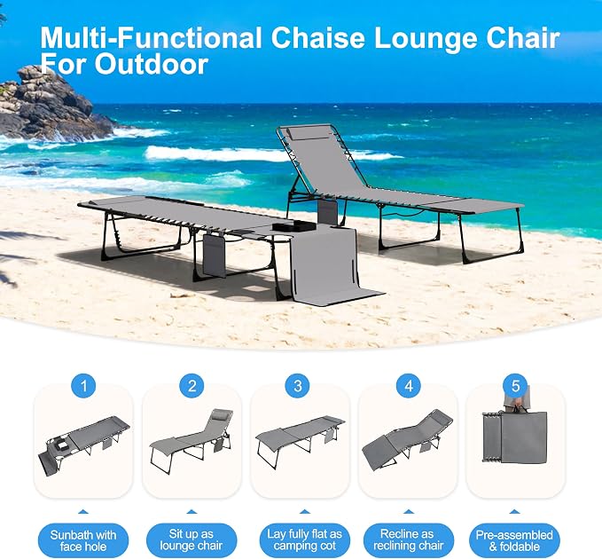 Outdoor Chaise Lounge Chair with Face Hole and Arm Hole, Tanning Chair with 5 Position Adjustable Back, Foldable Lounge Chair with Detachable Pocket and Pillow for Beach, Pool, Gray