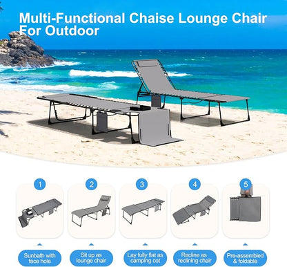 Outdoor Chaise Lounge Chair with Face Hole and Arm Hole, Tanning Chair with 5 Position Adjustable Back, Foldable Lounge Chair with Detachable Pocket and Pillow for Beach, Pool, Gray