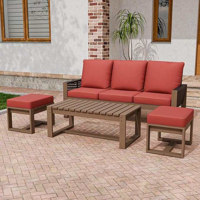 Rustic Hideaway Natural Cedar Wood Outdoor Furniture Set, Wicker Patio Conversation Set for Porch Garden Backyard, Couch, Coffee Table and 2 Ottomans, 4 Piece, Brownish/Red