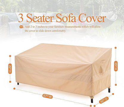 WJ-X3 Patio Sofa Covers Waterproof, 3-Seater Heavy Duty Lawn Couch Covers UV Resistant, Deck Sofa Chair Set Covers Anti-Fading, Wind Resistant, 87W x 42D x 35H Inches, Beige