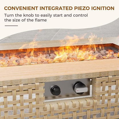 Grand patio 16-Piece Patio Furniture Set with 47" Fire Pit Table, Outdoor Conversation Set & 50,000 BTU 47 Inch Rectangle Propane Fire Pit & Storage Box with Water Resistant Thick Cushions, Cream