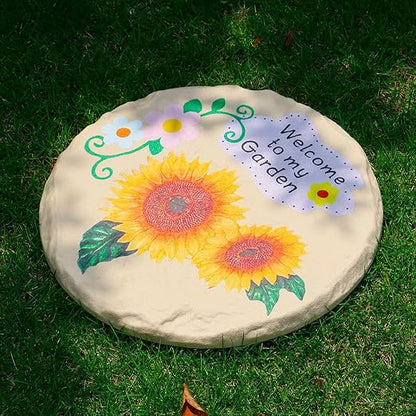 4Pcs Large Stepping Stones Outdoor Garden Walkway, Durable Plastic Pavers for Patio, Pathway, and Landscaping, Weatherproof Stepping Stones with Ground Stakes for Easy Installation (Round Sunflower)
