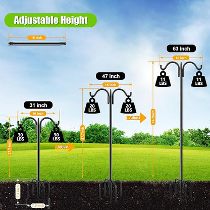 Gtongoko Bird Feeder Pole for Outdoors Heavy Duty, 2 Pack 63 Inch Double Shepherds Hook with 5-Prong Stable Base, 5/8 Inch Thick Hummingbird Feeder Stand for Hanging Plants, Lanterns