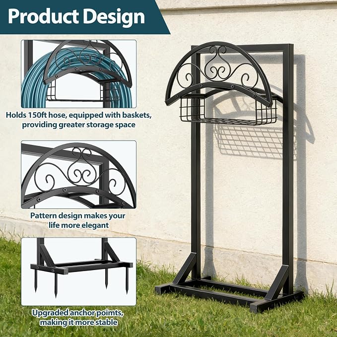 Garden Hose Holder Stand, BOLITE Metal Hanger with Storage Basket, 150ft | Heavy Duty, Freestanding Detachable, Water Hose Holder with Storage Basket, 4 Spikes, Storage Rack for Outside Yard Lawn Farm