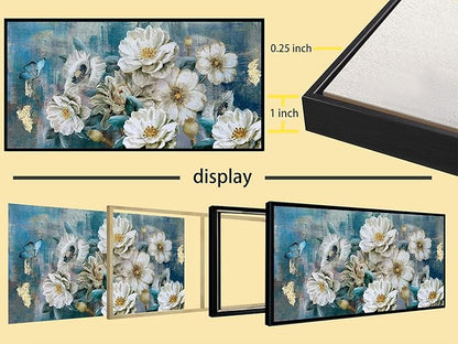 Arjun Extra Large Black Framed Flower Canvas Wall Art for Living Room White Elegant Modern Painting for Bedroom Textured Gold Foil Turquoise Picture Floral Teal Artwork Home Office Decor, 58"x29"