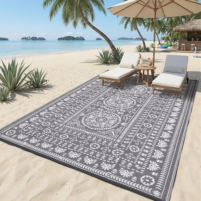 Garvee Reversible Outdoor Rug 6x9 for Patio, Waterproof Outdoor Area Rug, Modern Medallion Indoor Outdoor Rugs, Plastic Straw Rug for RV, Camping, Deck, Vintage Grey
