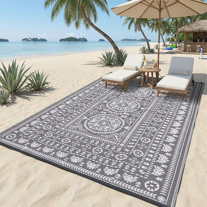 Garvee Reversible Outdoor Rug 6x9 for Patio, Waterproof Outdoor Area Rug, Modern Medallion Indoor Outdoor Rugs, Plastic Straw Rug for RV, Camping, Deck, Vintage Grey