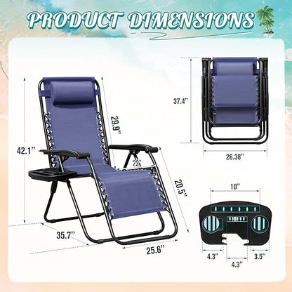 Homall Zero Gravity Chair Patio Folding Lawn Outdoor Lounge Gravity Camp Reclining Lounge Chair with Cup Holder Pillows for Poolside Backyard and Beach Set of 2 (Blue)