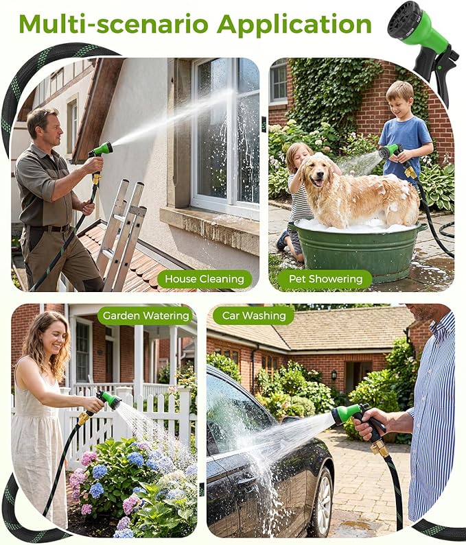 50ft Garden Hose, Non-Expandable Water Hose with 8 Function Spray Nozzle, Lightweight, Knik-Free, Burst-Resistant, Durable & Flexible 3/4" Garden Hose for Lawn, House Cleaning, Car Washing