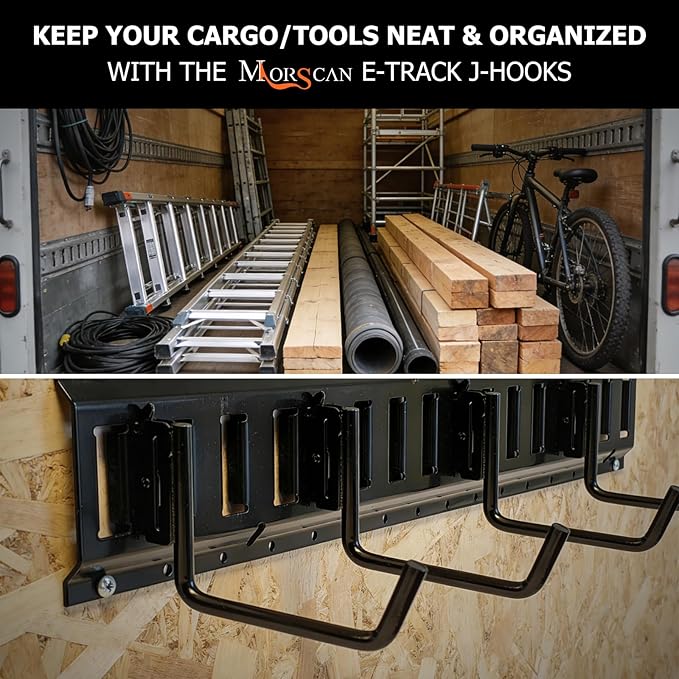 4-Pack 6" E-Track Extended Flat J Hooks, Heavy Duty E Track Ladder Hooks, Black Steel E System Tie Down Accessories for Box Truck, Enclosed Trailer, Garage, Vans, Warehouse, Workshop