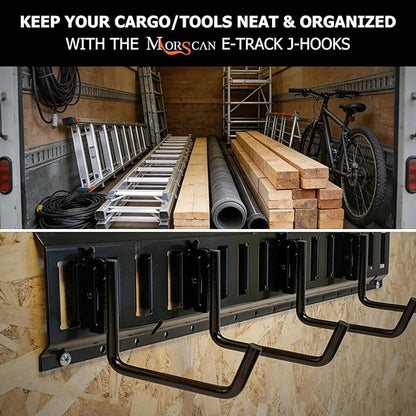 4-Pack 6" E-Track Extended Flat J Hooks, Heavy Duty E Track Ladder Hooks, Black Steel E System Tie Down Accessories for Box Truck, Enclosed Trailer, Garage, Vans, Warehouse, Workshop