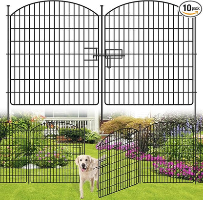 10 Panels No Dig Garden Fence with Gate, 32in x 24.2ft Decorative Dog Fence Outdoor for Yard, Tall Animal Barrier Fencing Rustproof Metal Garden Edging Border, Temporary Fencing for Outdoor, Patio