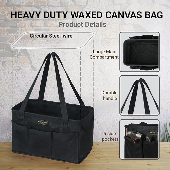 Tool Pouch, Heavy Duty 16oz Waxed Canvas Tool Bag, Rectangle Foldable Open Top Tool Bags with Handles, 7 Pockets | 13.5 x 7.8 x 7.8 Inches