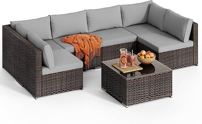 7 Pieces Patio Furniture Set, Outdoor Sectional Rattan Sofa Set, Wicker Patio Conversation Set with Cushions and Glass Coffee Table, for Balcony, Porch, Garden, Grey