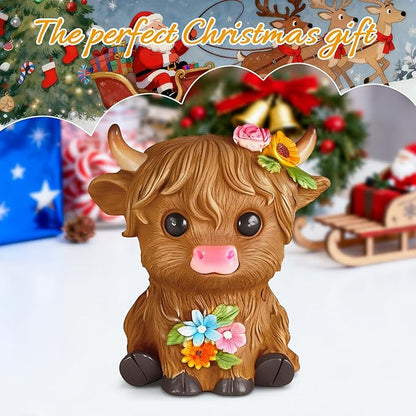 Highland Cow Statue Resin Birthday Gifts for Women,Mom,Beautifully Crafted Home Office Farmhouse Kitchen Decorations Garden Figurine