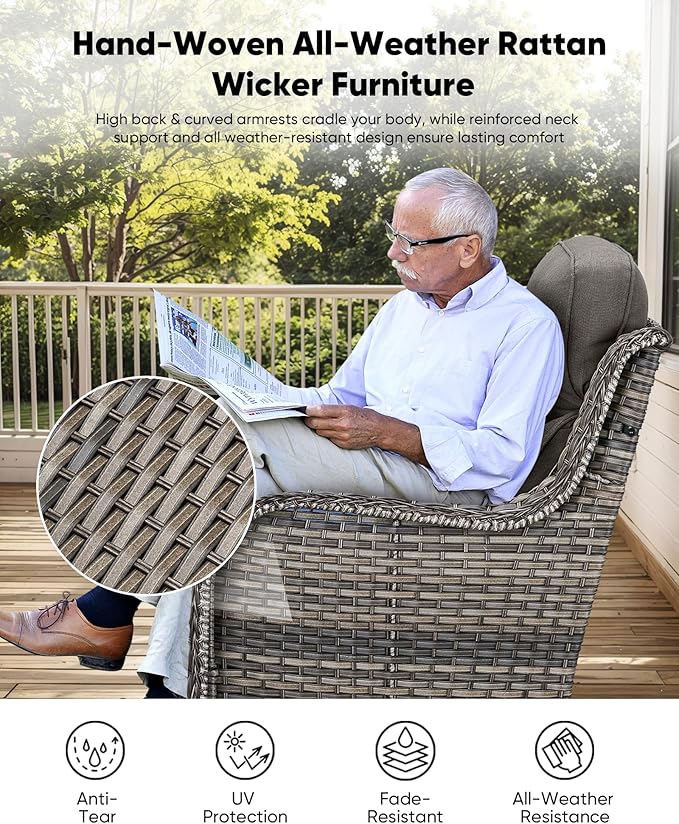 HUMMUH 8 Pieces Wicker Patio Furniture Set with Patio Swivel Chairs Set of 4,High Back Outdoor Sofa Coffee Table Ottomans,6 Inch Thick Cushions Outdoor Conversation Set for Porch, Balcony, Deck