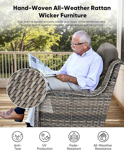 HUMMUH 6-Piece Outdoor Wicker Patio Furniture Set with Swivel Glider Chairs, Loveseat & Ottomans 5” Olefin Cushions Ergonomic Neck-Lumbar Backrest All-Weather Rattan for Garden, Deck, Porch