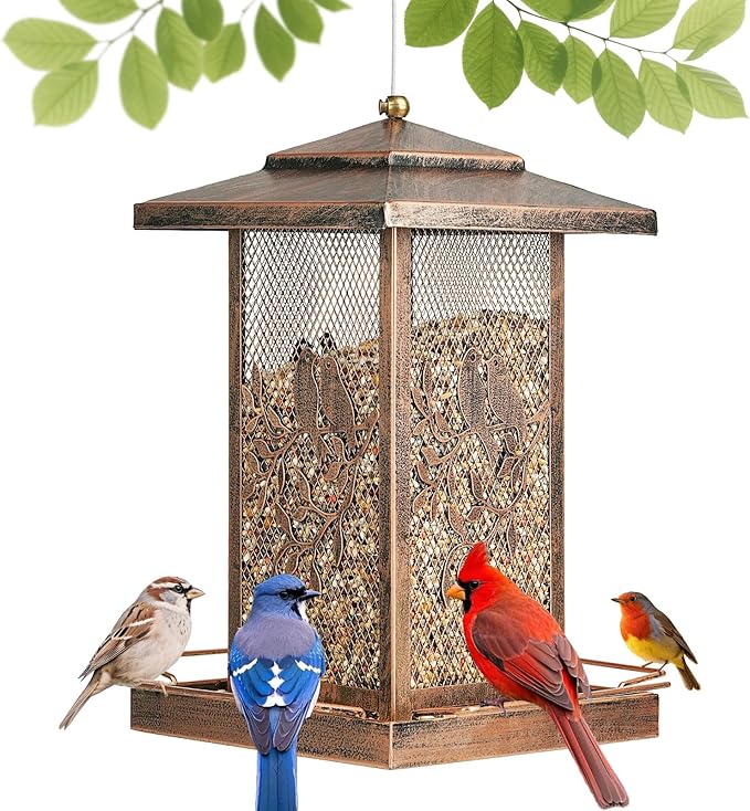 LBTING Bird Feeder for Outside, Metal Lantern-Shaped Bird Feeder, Wild Bird Feeders for Hanging Outdoor Garden Yard, Birds Pattern
