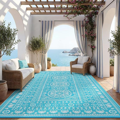 Garvee Reversible Outdoor Rug 9x12 for Patio, Waterproof Outdoor Area Rug, Modern Medallion Indoor Outdoor Rugs, Plastic Straw Rug for RV, Camping, Deck, Vintage Blue